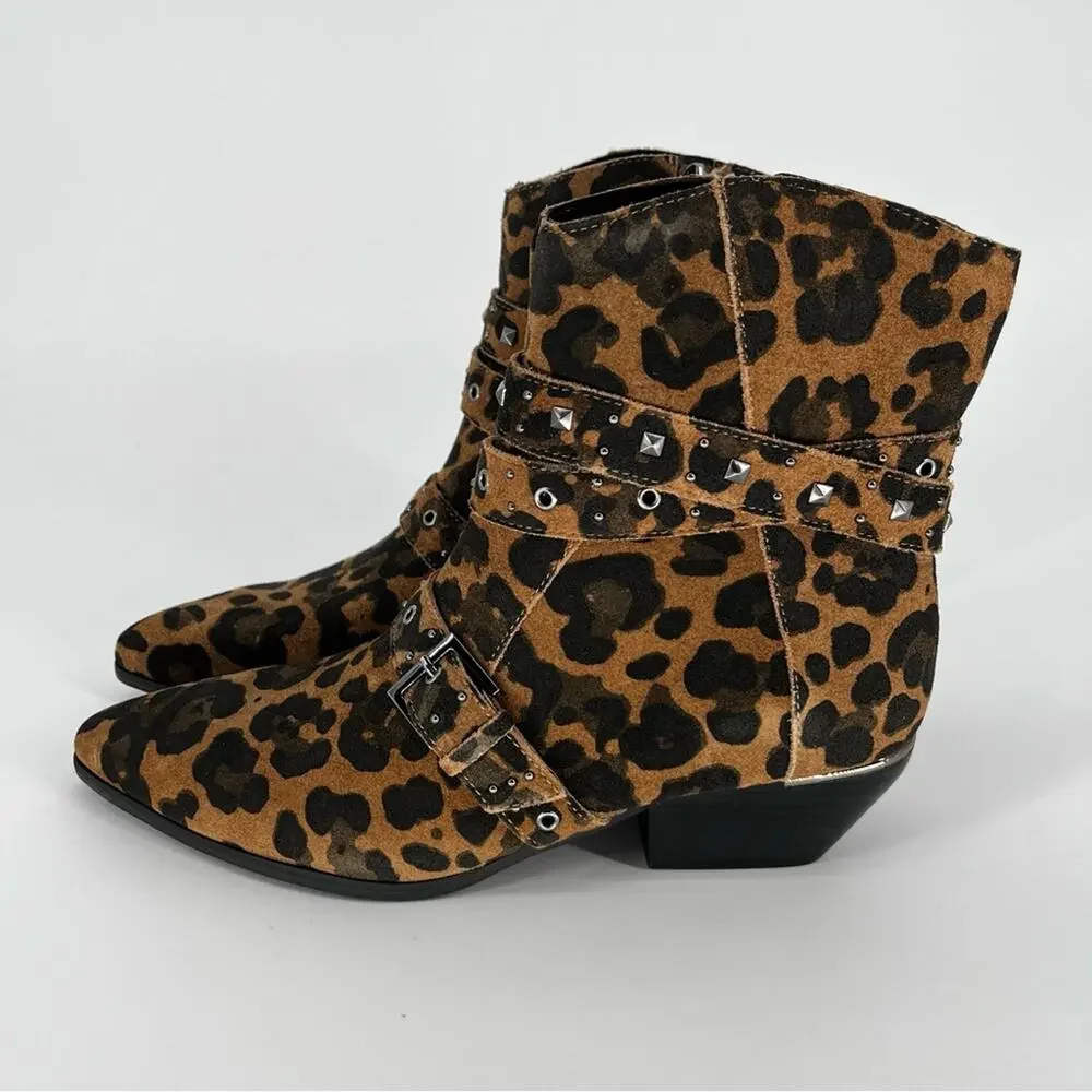 Kenneth Cole Cheyenne Stud Leaopard Suede Ankle booties brown black - 9